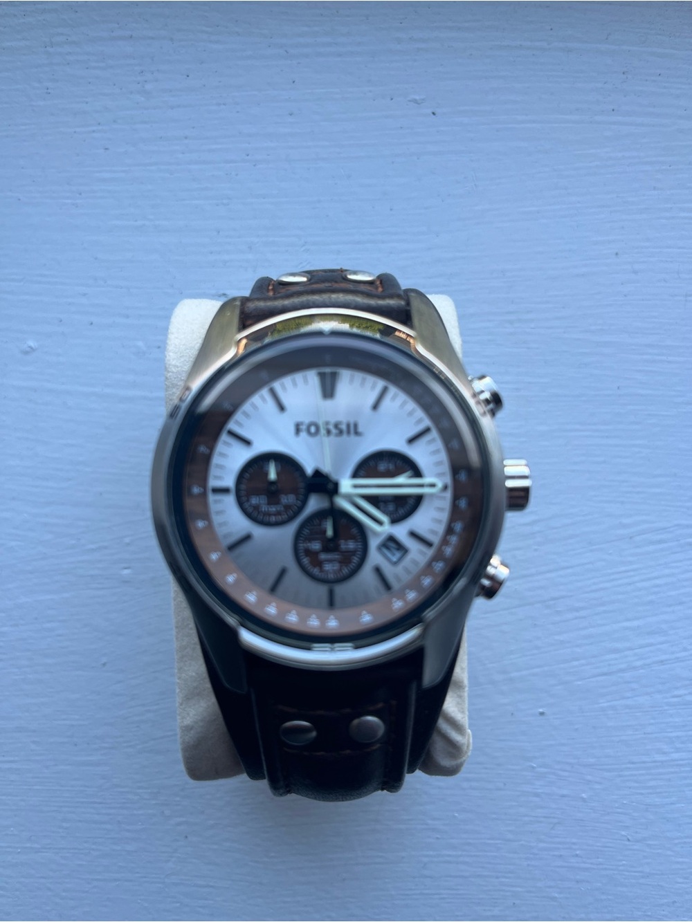 Fossil Silver Dial Chronograph with Brown Leather Strap. Excellent Condition.